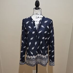 TOMMY HILFIGER ▪︎ Women's Dark Blue Blouse with White Floral Design, Tab Sleeves